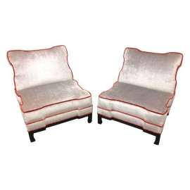 Custom Designed Asian Style Chenille Chairs, Pair