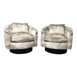 Grey & Cream Bernhardt Camino Swivel Chairs - Pair