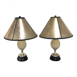 Ostrich Egg Table Lamps With Custom Vellum Shades & Brushed Nickel & Black Marble Bases - A Pair