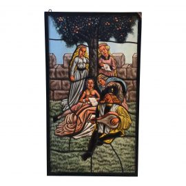 Mid 20th Century Stained Glass Panel by Jose De La Silva Depicting Minstrels. Original Price: $2,000.00