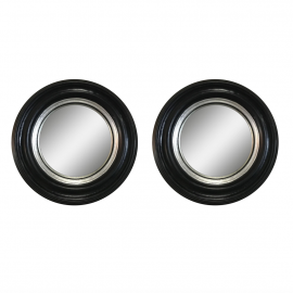 Pair of Antique Black Frame Silver Leaf Round Convex Mirrors