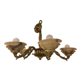 Vintage Brass + Alabaster Five Light Chandelier