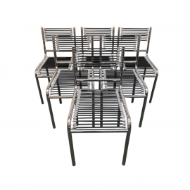 Set of Six Rene Herbst Bungee + Chrome Dining Chairs. Original Price: $3,600.00