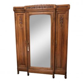 Vintage English Walnut Three Door Armoire With Mirror