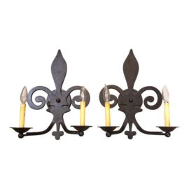 Fleur De Lis Wrought Iron Wall Sconces - A Pair