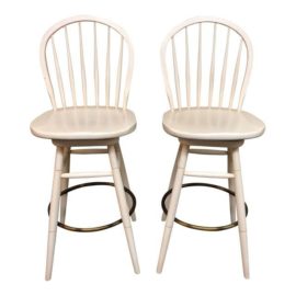 NEW Country Ethan Allen Cream Wood Bar Height Windsor Stools - a Pair