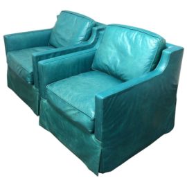 Pair of Custom Turquoise Leather Swival Arm Chairs
