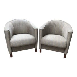 Modern Grey Upholstered Leaf Motif Barrel Chairs - a Pair