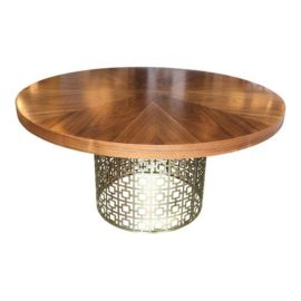 Mid-Century Modern Jonathan Adler Walnut Veneer and Brushed Brass Nixon Cocktail Table. Original Price: $1,500