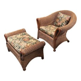 Traditional Tommy Bahama Wicker and Fabric Arm Chair and Ottoman