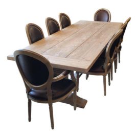 Restoration Hardware Salvaged Trestle Extension Table With French Round Dining Chairs Set. Original Price: $8,535