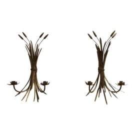 Gold Metal Wheat Motif Wall Sconces - a Pair