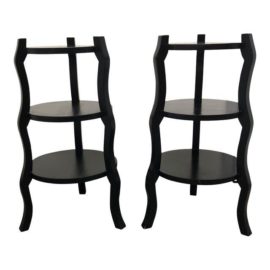 Asian Contemporary Black Wood Three-Tiered Side Tables - a Pair