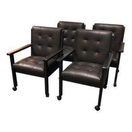 1970s Mid Century Modern Brown Leather and Oak Dining Chairs - Set of 4