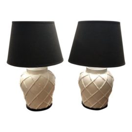 Ceramic Table Lamps with Brown Shades - A Pair