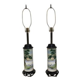 Asian Inspired Tubular Ceramic Vessel Table Lamps - a Pair