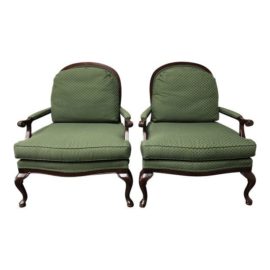 French Style Custom Thomasville Green Bergere Style Armchairs - a Pair