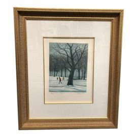 1980s Landscape Lithograph Print "Figures in the Snow" by Harold Altman