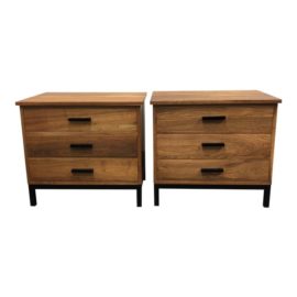 Rustic 3-Drawer Walnut + Metal Side Tables - a Pair