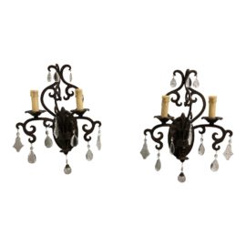 Horchow Rustic Iron + Crystal Faux Wall Sconces - a Pair