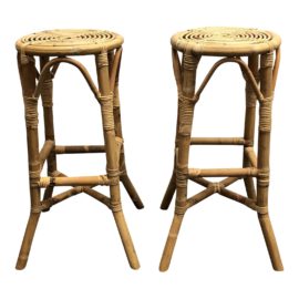 NEW Tropical Salvage Indonesian Bamboo + Rattan Barstools - A Pair