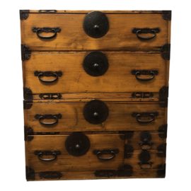 Early 20th Century Antique Japanese Wood + Metal Tansu Two Piece Cabinet