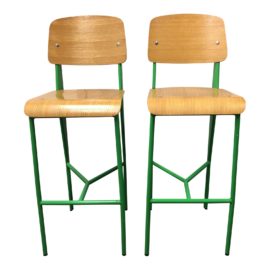 Wood + Green Metal Barstools - a Pair