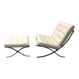 Ivory Leather Barcelona Style Chair & Ottoman