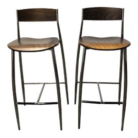 Italian Altek Baba Wood + Chrome Barstools - a Pair. Original Price: $840