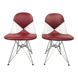Pair of Herman Miller Eames Wire Chair + Bikini Cranberry Leather. Original Price: $2,830