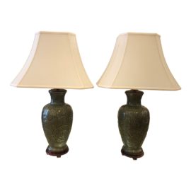 Asian Style Dark Green Ceramic Table Lamps - a Pair