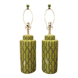 Pair of Modern Contemporary Acid Green + Brown Table Lamps