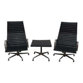 Pair of Eames Aluminum Group Lounge Chairs + Ottoman