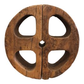 Antique Wood Wheel + Iron Stand
