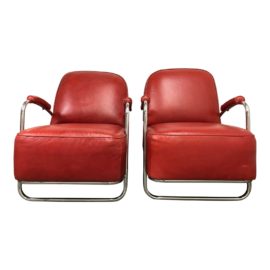 Mitchell Gold & Bob Williams Dean II Red Leather Arm Chairs- a Pair