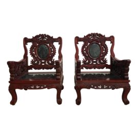Pair of Vintage Chinese Rosewood & Stone Arm Chairs