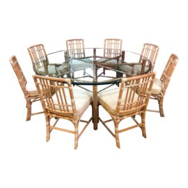 Round McGuire Bamboo + Glass Dining Table With Ten Chairs
