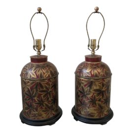 Pair of Metal Hand-Painted Floral Table Lamps