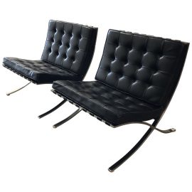 Black Leather Barcelona Chairs, a Pair
