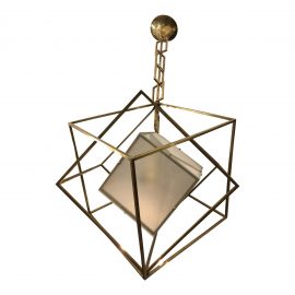 Mid-Century French Gold Finish Metal + Frosted Glass 6-Light Chandelier