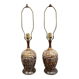 Pair of Mid-Century Glass + Walnut Table Lamps