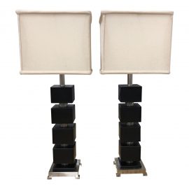 Pair of Black Leather + Chrome Stacking Cube Table Lamps