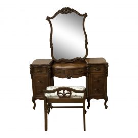 Vintage Vanity Wood Desk + Mirror + Stool