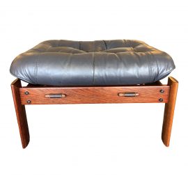 Vintage Charcoal Leather+Rosewood Ottoman