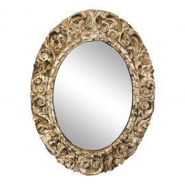 Antique Carved Oval Distressed Wood Wall Mirror