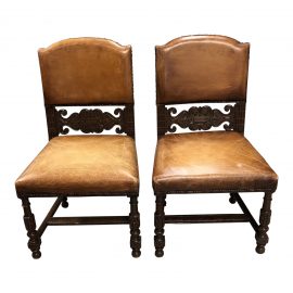 Vintage Carved Wood + Leather Side Chairs- a Pair