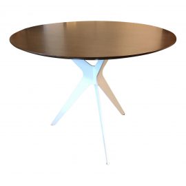 Mid-Century Modern Round Walnut Wood + White Metal Table. Original Price: $800