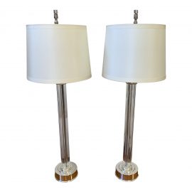 Restoration Hardware Glass and Chrome Rods Bundle Pillar Table Lamps With Shades - a Pair