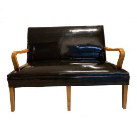 Mid-20th Century Black Patent Leather + Wood Loveseat