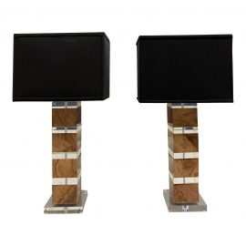 Burl Veneer + Lucite Lamps With Shades - a Pair